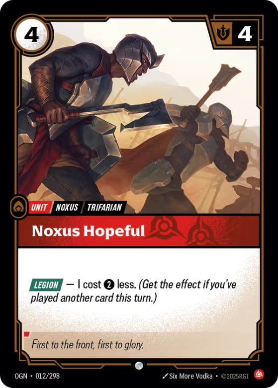 Card featuring a warrior with a shield and spear, labeled 'Noxus Hopeful' from a game.