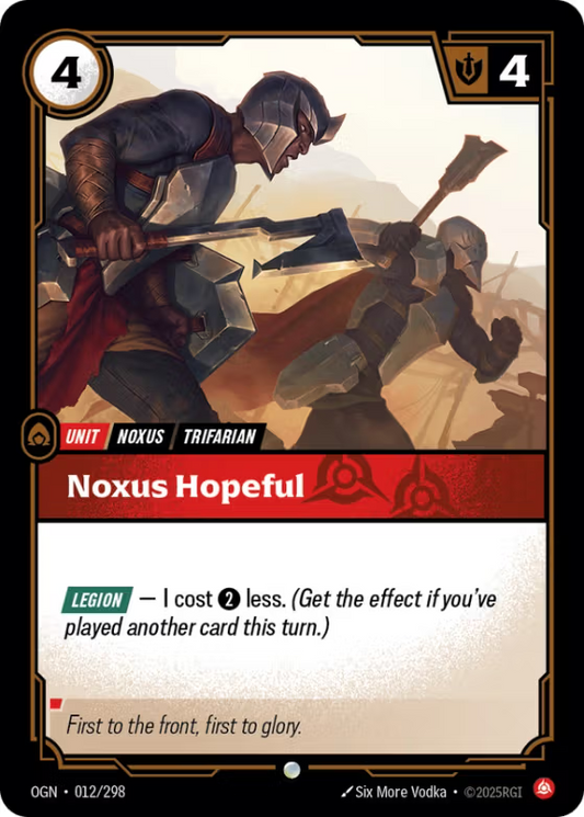 Card featuring a warrior with a shield and spear, labeled 'Noxus Hopeful' from a game.