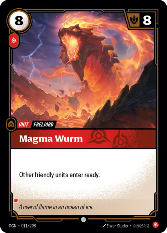 Card featuring a fiery creature named 'Magma Wurm' with game text and icons.