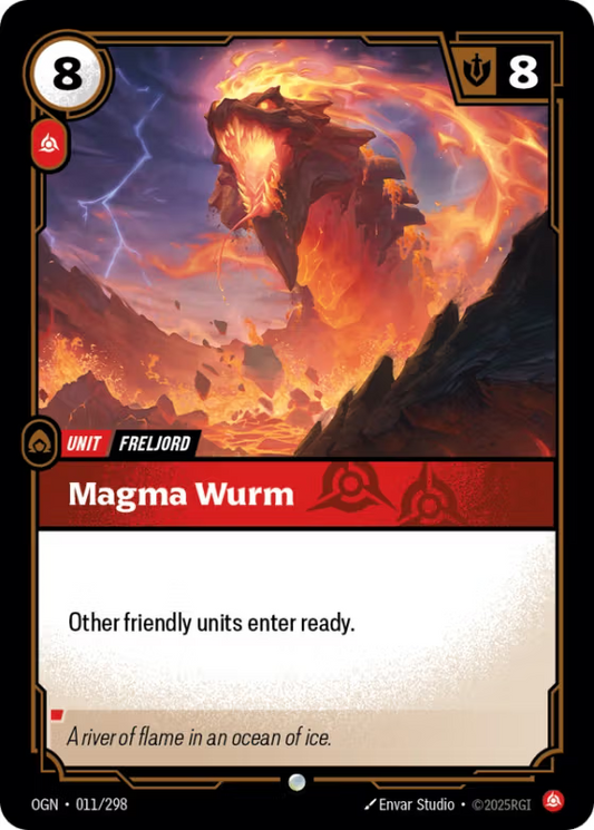 Card featuring a fiery creature named 'Magma Wurm' with game text and icons.